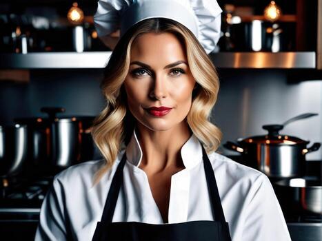 Female chef posing next to a table in kitchen. Studio photo AI Generated