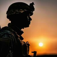 silueta de un soldado durante puesta de sol ai generado foto