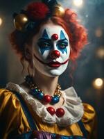 fotografía de un ultra realista mujer payaso en dramático ligero niebla ai generado foto