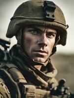 Photography of an ultra realistic Soldier in dramatic light AI Generated photo