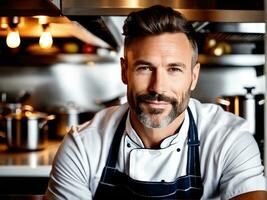 chef posing next to a table in kitchen. Studio photo AI Generated