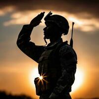 silueta de un soldado saludando durante puesta de sol ai generado foto