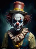 Photography of an ultra realistic clown in dramatic light AI Generated photo