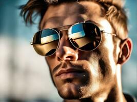 Portrait of trendy man. Outdoor shot of glamorous happy man in sunglasses AI Generated photo