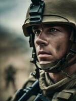 Photography of an ultra realistic Soldier in dramatic light AI Generated photo