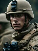 Photography of an ultra realistic Soldier in dramatic light AI Generated photo