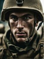 Photography of an ultra realistic Soldier in dramatic light AI Generated photo