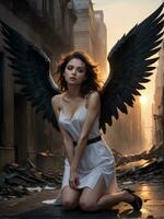 ilustración de un caído ángel en dramático ligero ai generado foto