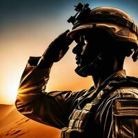 silueta de un soldado saludando durante puesta de sol ai generado foto