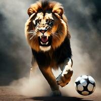 Beautiful lion with soccer ball, furious lion in stadium background. AI Generated photo