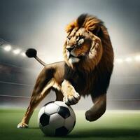 Beautiful lion with soccer ball, furious lion in stadium background. AI Generated photo