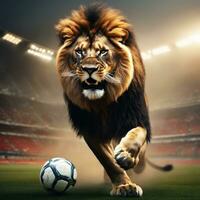 Beautiful lion with soccer ball, furious lion in stadium background. AI Generated photo