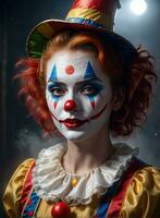 Photography of an ultra realistic woman clown in dramatic light fog AI Generated photo