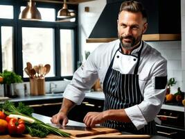 chef posing next to a table in kitchen. Studio photo AI Generated