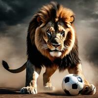 Beautiful lion with soccer ball, furious lion in stadium background. AI Generated photo