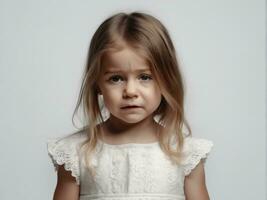 Portrait of young sad offended cries girl child kid on studio background AI Generated photo