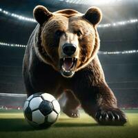 ai generado hermosa oso con fútbol pelota, furioso oso en estadio antecedentes. foto