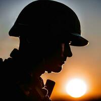 silueta de un soldado durante puesta de sol ai generado foto