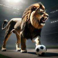 hermosa león con fútbol pelota, furioso león en estadio antecedentes. ai generado foto