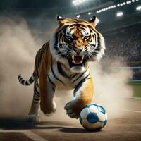 Beautiful tiger with soccer ball, furious tiger in stadium background. AI Generated photo