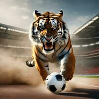 ai generado retrato de un hermosa Tigre con fútbol pelota, furioso Tigre en estadio antecedentes. foto