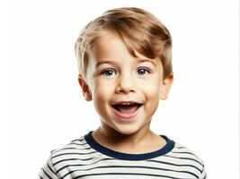 retrato de joven emocionado conmocionado loco sonriente chico niño niño en estudio antecedentes ai generado foto