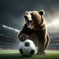 Beautiful bear with soccer ball, furious bear in stadium background. AI Generated photo