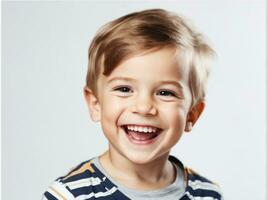 retrato de joven emocionado riendo sonriente chico niño niño en estudio antecedentes ai generado foto