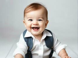 Close-up portrait of funny baby with laughing expression AI Generated photo