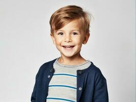 retrato de joven emocionado conmocionado loco sonriente chico niño niño en estudio antecedentes ai generado foto