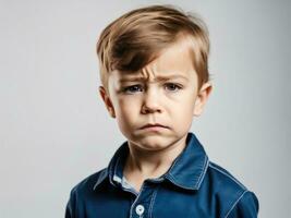 Portrait of young sad offended cries boy child kid on studio background AI Generated photo