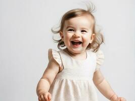 de cerca retrato de gracioso bebé con riendo expresión ai generado foto