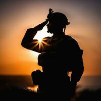 Silhouette Of A Soldier Saluting During Sunset AI Generated photo