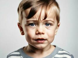 Portrait of young sad offended cries boy child kid on studio background AI Generated photo