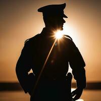 silueta de un soldado saludando durante puesta de sol ai generado foto