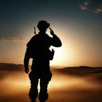 Silhouette Of A Soldier Saluting During Sunset AI Generated photo