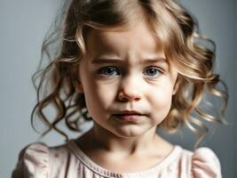 Portrait of young sad offended cries girl child kid on studio background AI Generated photo