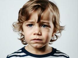 Portrait of young sad offended cries boy child kid on studio background AI Generated photo