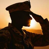 Silhouette Of A Soldier Saluting During Sunset AI Generated photo