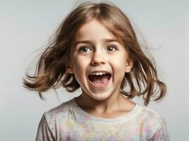 Portrait of young excited shocked crazy smiling girl child kid on white background AI Generated photo