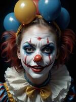 fotografía de un ultra realista mujer payaso en dramático ligero ai generado foto