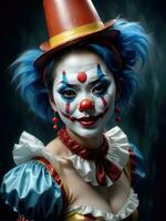 Photography of an ultra realistic woman clown in dramatic light AI Generated photo