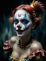 fotografía de un ultra realista mujer payaso en dramático ligero ai generado foto