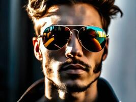 retrato de de moda hombre. al aire libre Disparo de atractivo contento hombre en Gafas de sol ai generado foto