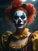 fotografía de un ultra realista mujer payaso en dramático ligero niebla ai generado foto