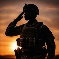 Silhouette Of A Soldier Saluting During Sunset AI Generated photo