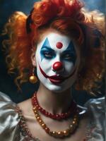 Photography of an ultra realistic woman clown in dramatic light fog AI Generated photo