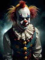 Photography of an ultra realistic clown in dramatic light AI Generated photo