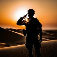 silueta de un soldado saludando durante puesta de sol ai generado foto