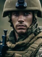 fotografía de un ultra realista soldado en dramático ligero ai generado foto